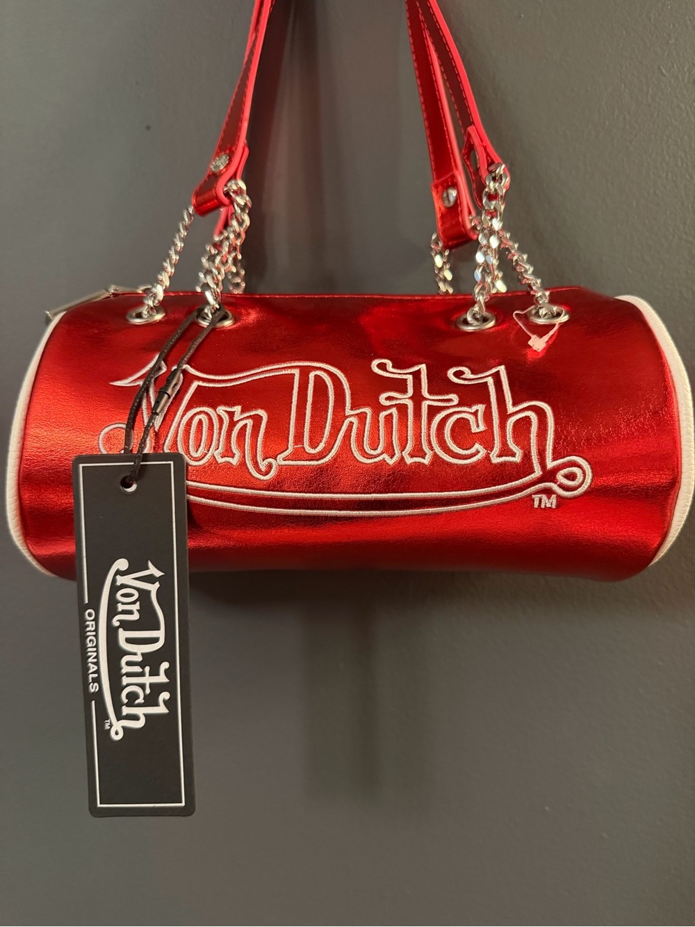 Von Dutch Metallic Red Barrel Mini Shoulder Bag with Chain Straps